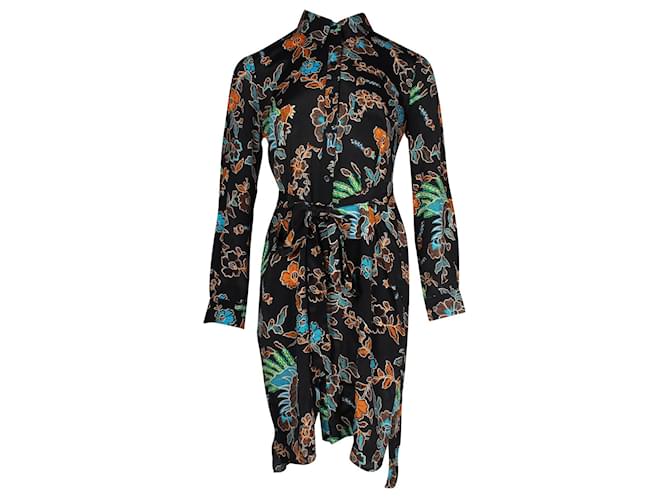 Diane Von Furstenberg Black Floral Long Sleeve Shirt Dress Silk Viscose  ref.1285873