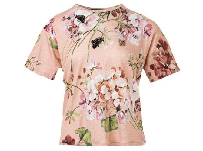 Gucci T-Shirt mit Blumenstickerei Pink Leinen  ref.1285905