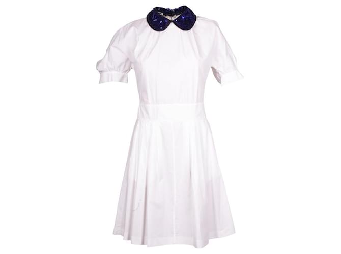 MIU MIU White Dress With Blue Sequin Collar Cotton  ref.1285948