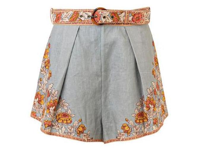 ZIMMERMANN Shorts Devi de lino con estampado paisley Azul Algodón  ref.1286033