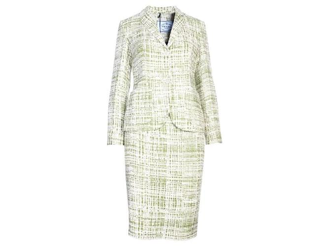 PRADA Tweed Skirt Suit Set Green Silk Cotton Viscose Linen Nylon  ref.1286073