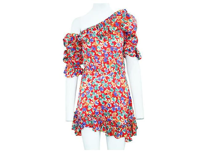 Saint Laurent One Shoulder Ruffled Multicolor Print Asymmetric Mini Dress Multiple colors Silk Polyamide  ref.1286076