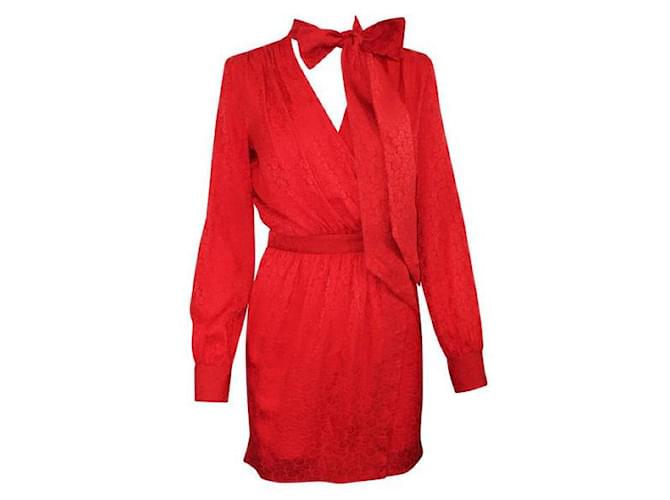 Saint Laurent Red Tie-Neck Jacquard Dress Silk  ref.1286108