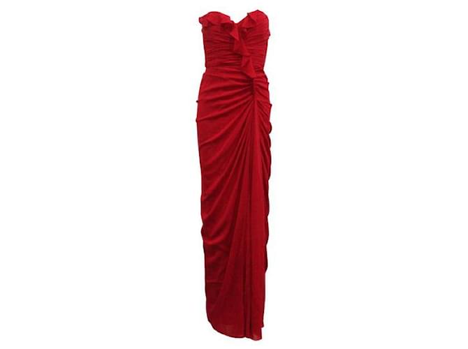 Autre Marque Robe longue rouge sans bretelles de créateur contemporain avec fronces Suede Soie  ref.1286115