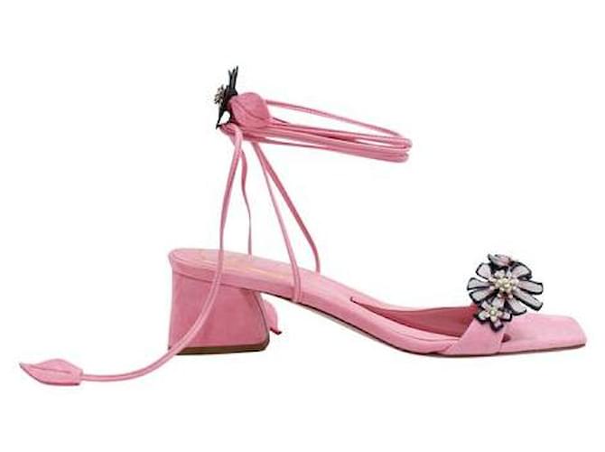 Roger Vivier Pink Suede Sandals with Flower Embroidery Leather  ref.1286133