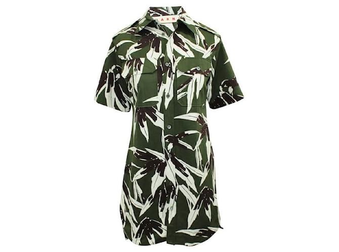 MARNI Green Print Shirt Dress with Buttons Cotton Linen  ref.1286214