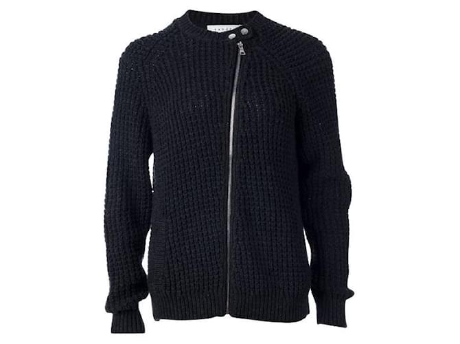 SANDRO Black Knitted Cardigan Cotton Wool  ref.1286221