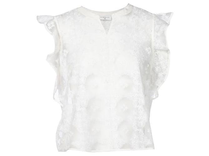 SANDRO Embroidered Floral Sheer Blouse White Polyester  ref.1286224