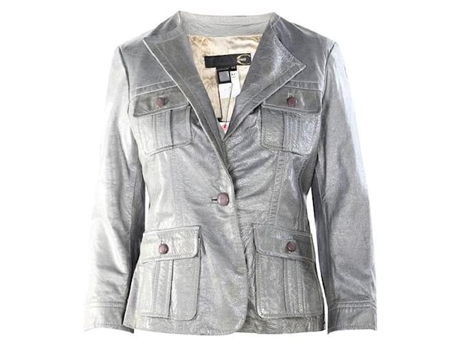 ROBERTO CAVALLI Metallic Leather Jacket Grey  ref.1286248