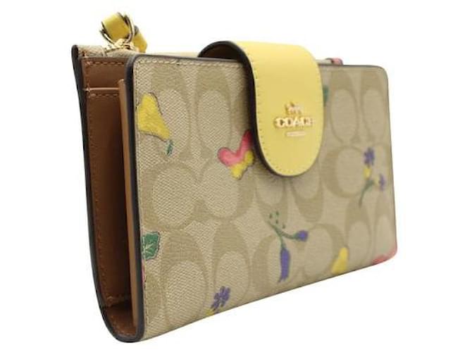 Coach Beige & Yellow Phone Wallet With Flower & Veggie Print Leather Cloth  ref.1286426