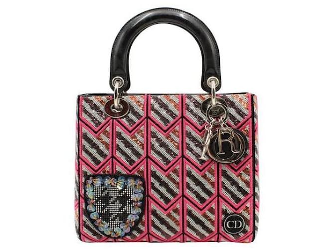 Dior Limited Edition Patent Leather Sequined Medium Lady Dior Bag Pink  ref.1286429
