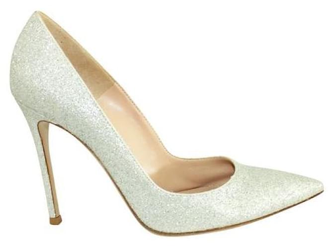 Gianvito Rossi Silver Glitter Pointed Toe Heels Silvery Leather  ref.1286472