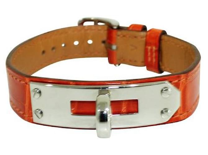 HERMÈS Orangefarbenes Kelly-Armband aus Krokodil Stahl  ref.1286485