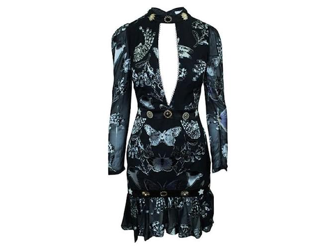 Autre Marque CONTEMPORARY DESIGNER Black Print Dress with Front Opening and Embellishments Silk  ref.1286563
