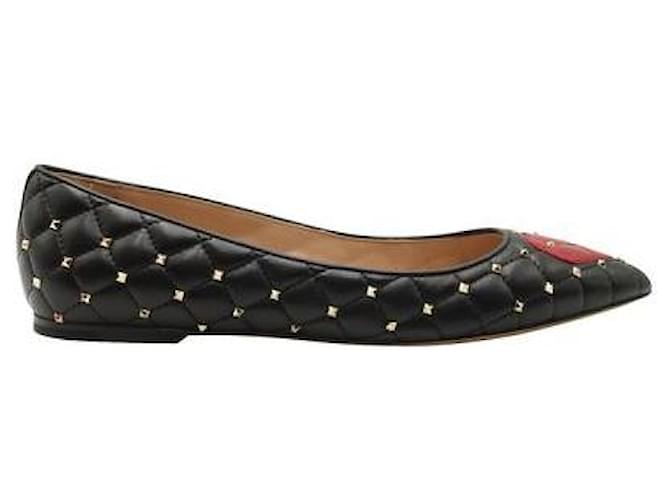 Valentino Rockstud Spike Ballet Flats with Heart Black Leather  ref.1286579