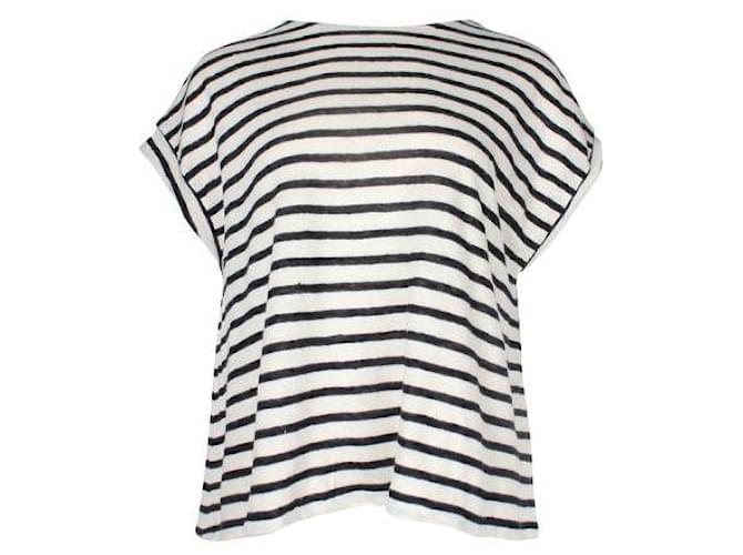 Autre Marque Contemporary Designer Black and White Striped Linen Top with Buttons Cream  ref.1286622