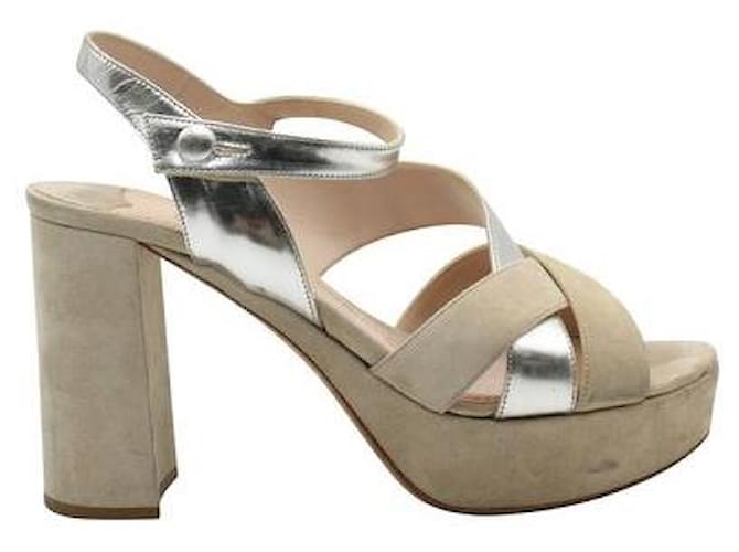 Miu Miu Beige and Silver Suede Wide Heel Sandals Multiple colors Leather  ref.1286630