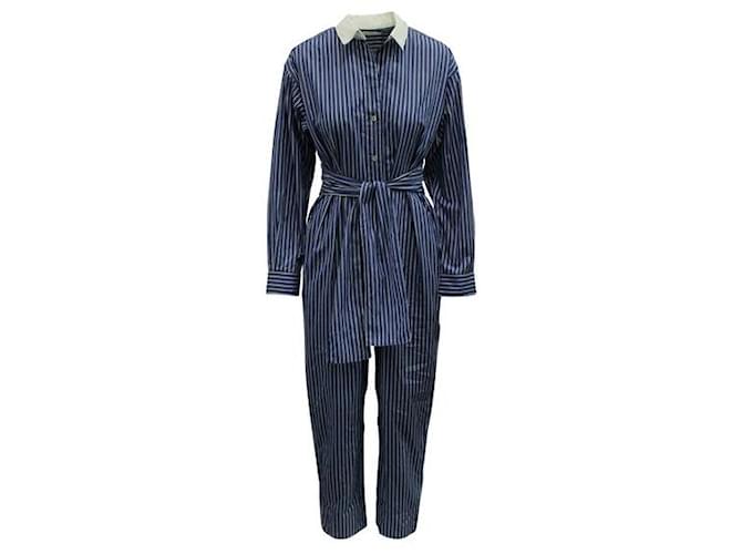 Sandro Blue Striped Long Sleeved Jumpsuit With White Collar Cotton  ref.1286649