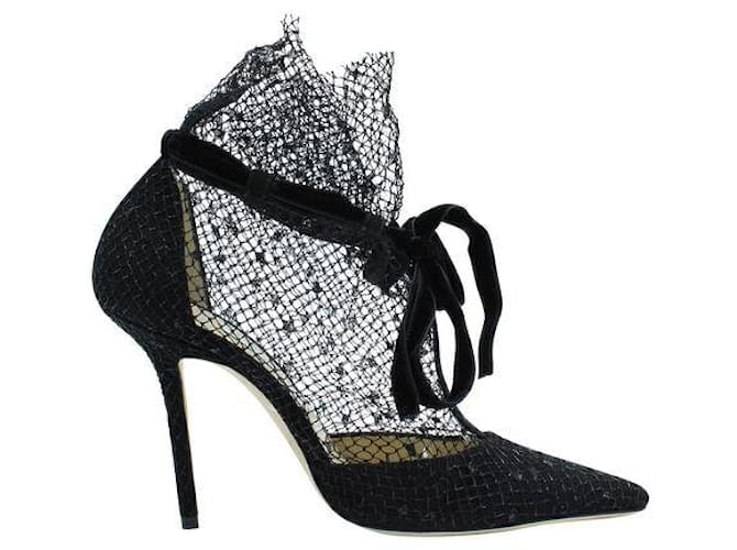 Jimmy Choo Black Heels With Mesh Fabric Leather Lace  ref.1286666