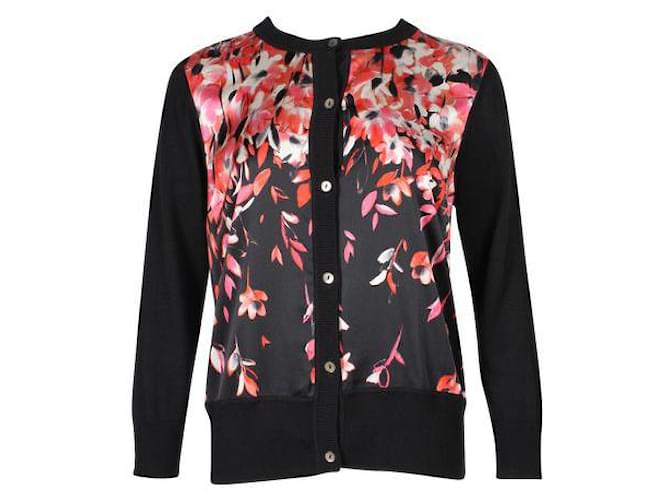 Autre Marque Contemporary Designer Black Cardigan With Silk Floral Front Panels Cashmere Wool Viscose  ref.1286704