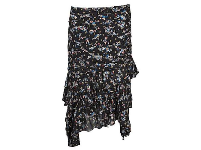 Autre Marque Veronica Beard Black Tiered Skirt with Floral Print & Gold Spots Silk  ref.1286709