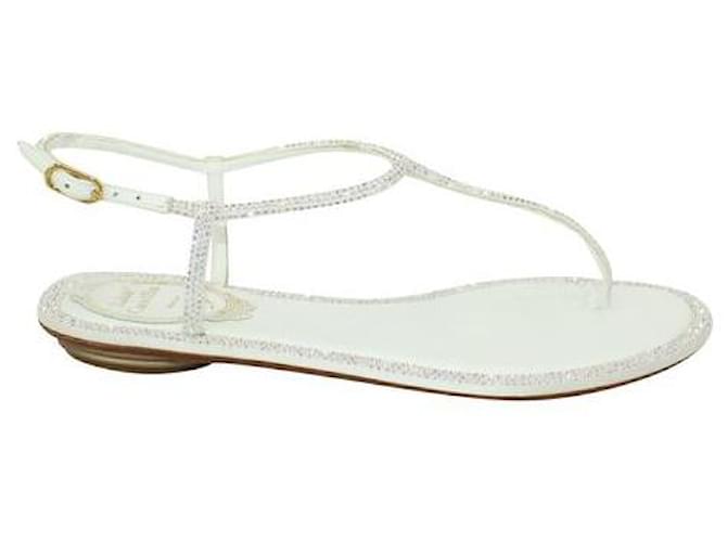 Rene Caovilla White Flat Thong Sandals with Rhinestones Leather  ref.1286747
