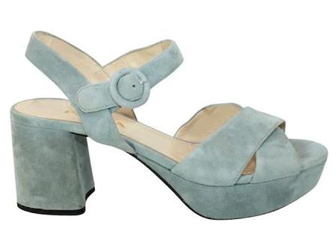 Prada Light Blue Suede Block Heel Sandals Leather  ref.1286749