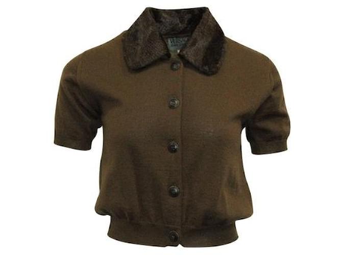 Autre Marque Versace Jeans Brown Short Sleeve Cardigan With Faux Fur Collar Wool  ref.1286761