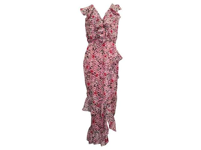 Autre Marque Saloni Pink Floral Silk Maxi Dress With Frill Neckline  ref.1286774