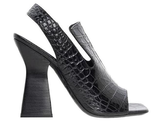 Céline Celine Croc Embossed Leather Peep Toe Sandals Black  ref.1286844