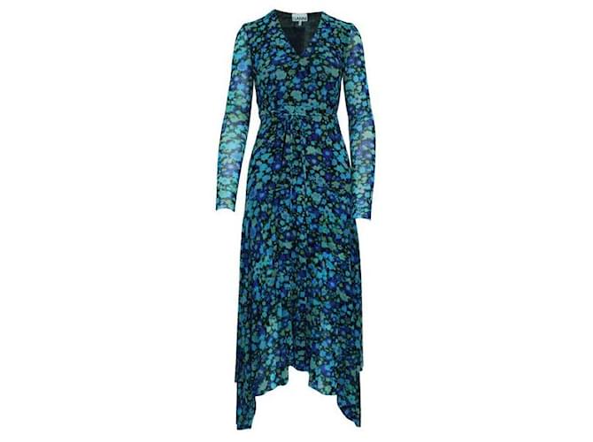 Ganni, langes Kleid mit blauem Aufdruck Polyamid  ref.1286864