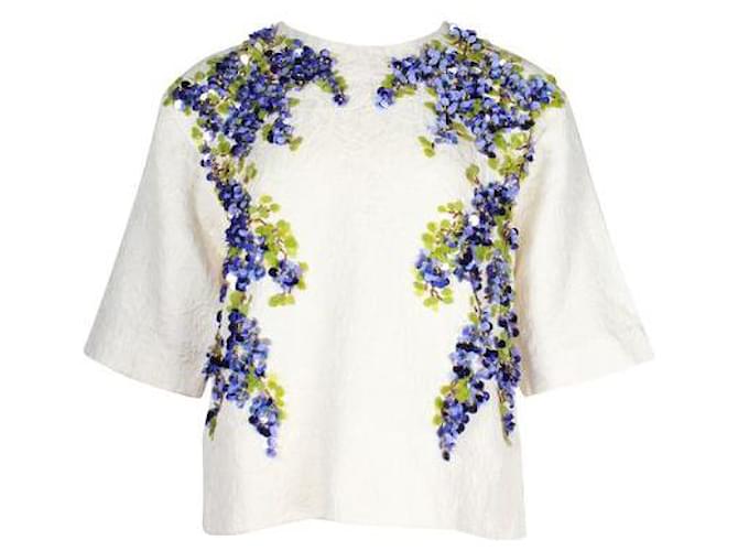 Dolce & Gabbana Elfenbeinfarbene Jacquard-Bluse mit Blumenverzierung Roh Seide Baumwolle Polyester  ref.1286960
