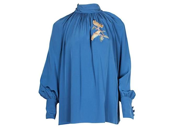Autre Marque ALENA AKHMADULLINA Blusa Azul con Pájaros Bordados Seda  ref.1286967