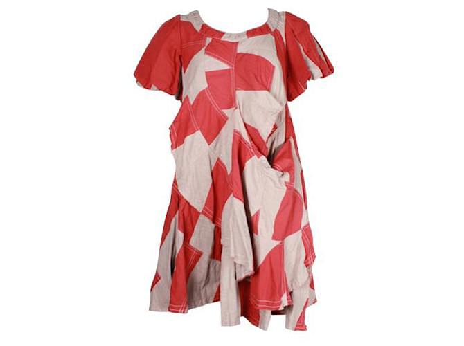 Autre Marque Zeitgenössisches Designer-Kleid aus Leinenmischung in Beige und Ziegelstein mit Rüschen Mehrfarben Baumwolle  ref.1286993