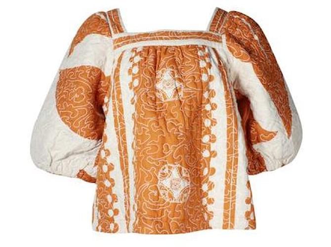 Roseanna Sea Orange & Cream Liora Puff Sleeve Top Cotton Linen  ref.1287018
