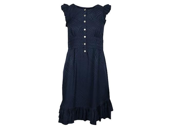 Autre Marque Contemporary Designer Navy Blue Dress With Buttons And Ruffles Silk Polyester  ref.1287029