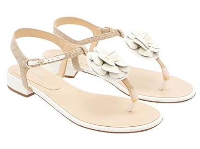 Chanel Canvas Leather Camellia Sandals White Cloth  ref.1287041