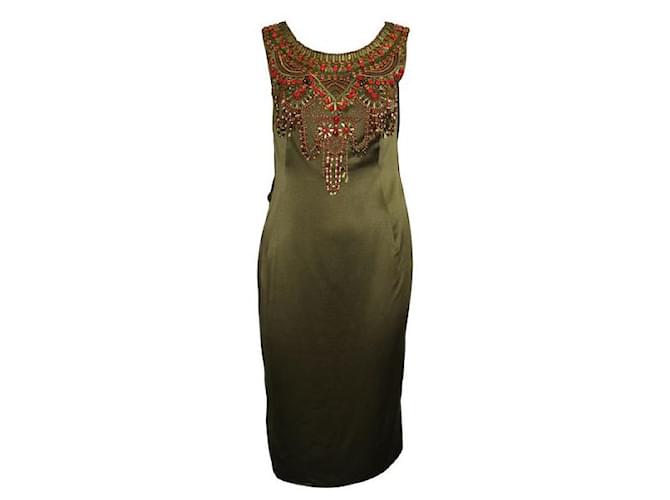 Escada Dark Green Dress with Brass Embellishments at Front Silk Polyester  ref.1287064