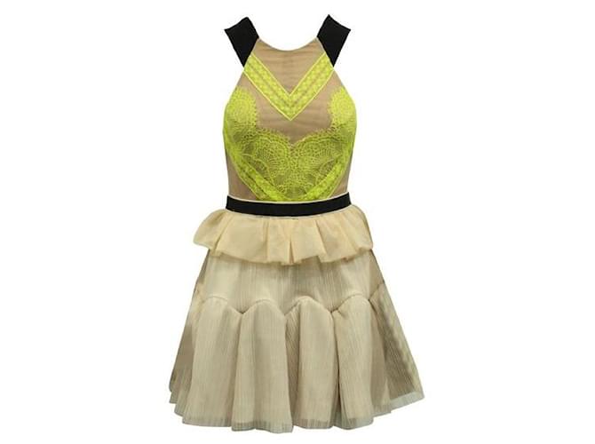 Autre Marque Contemporary Designer Cream Tiered Dress With Neon Lace Flesh  ref.1287093