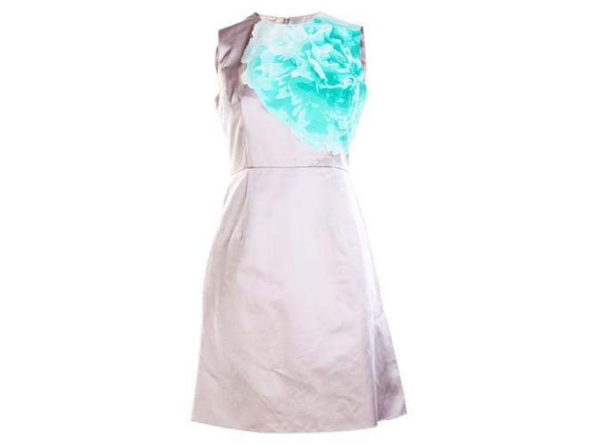 Autre Marque Contemporary Designer Beige Dress With Green Floral Print Silk Acetate  ref.1287113
