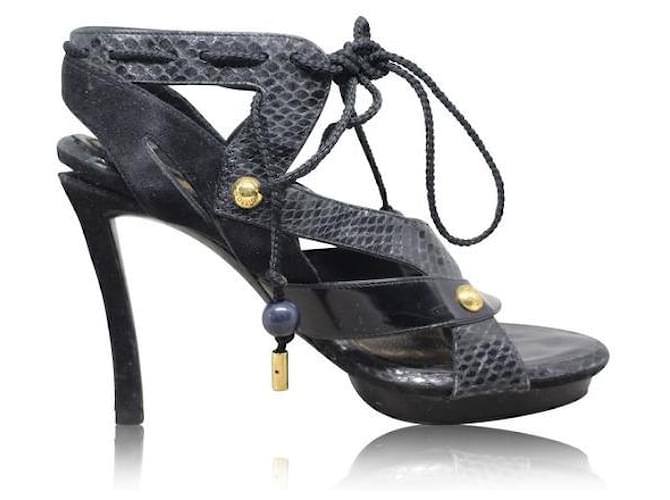 LOUIS VUITTON Black Python Suede Patent Lace High Heel Sandals Patent leather  ref.1287127