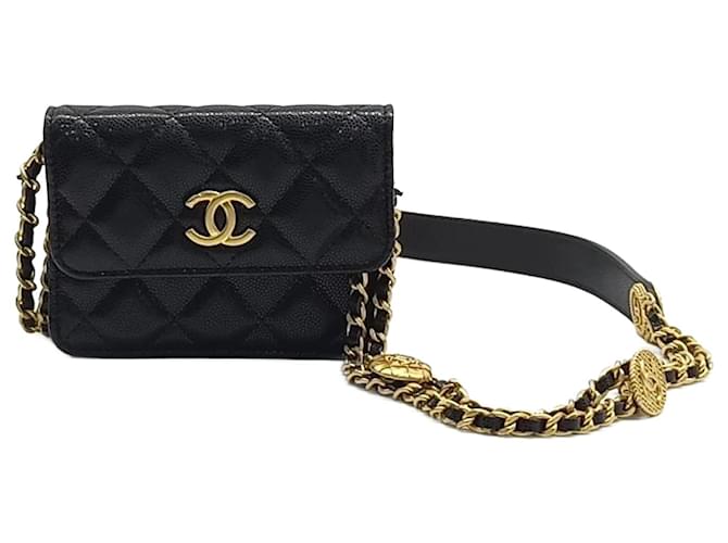 Mini sac à bandoulière à chaîne doublé de pièces de monnaie Chanel Caviar Noir  ref.1287187