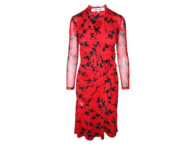 Diane Von Furstenberg Rot bedrucktes langärmliges Kleid Nylon  ref.1287234