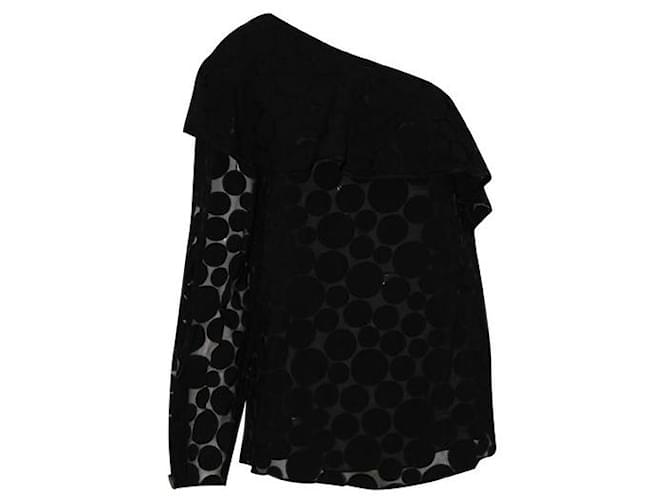 Diane Von Furstenberg Top preto com babado de um ombro Viscose Poliamida Triacetato  ref.1287257