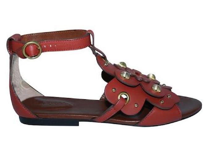 Autre Marque Contemporary Designer Studded Flat Sandals With Flowers Brown Leather Metal  ref.1287369