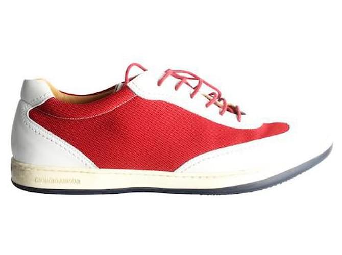 GIORGIO ARMANI Sneakers aus Leder und Canvas Rot Leinwand  ref.1287383