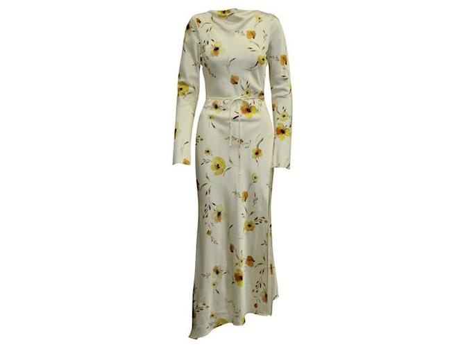 Autre Marque Contemporary Designer Yellow Satin Floral Print Long Sleeved Dress Polyester Viscose  ref.1287389