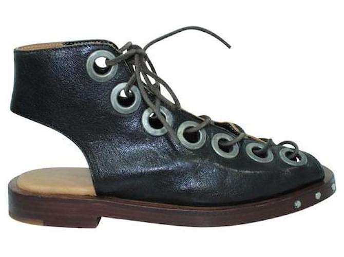 Autre Marque CONTEMPORARY DESIGNER Dark Brown LEather Sandals with Eyelets  ref.1287411