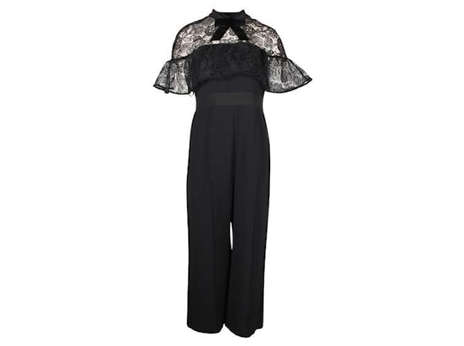 Self portrait Elegant Black Jumpsuit With Mesh Sleeves and Velvet Bow Polyester Polyamide  ref.1287419