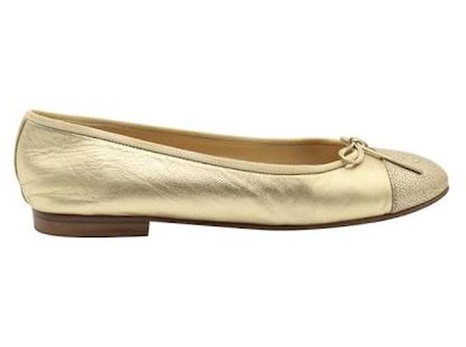 Chanel Gold Stingray Embossed Leather Cap Toe Ballet Flats Golden  ref.1287536